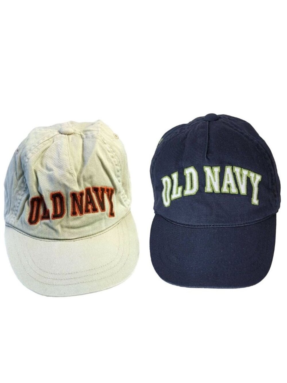Old Navy Kids Baseball Hats x2 Khaki Blue Medium Embroidered Elastic Cap Logo